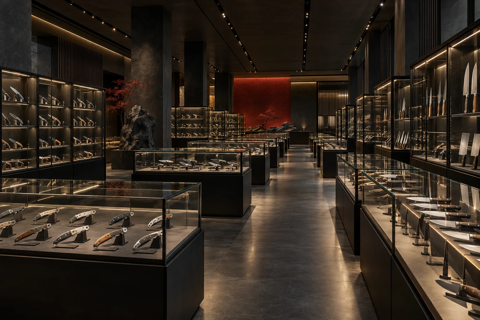 Showroom de couteaux avec présentoirs en verre — illustration